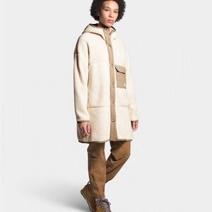 The North Face Cream Teddy Fleece Hooded Coat with Tan Trim